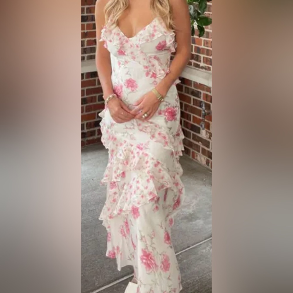 Storia White Maxi Dress with Pink Floral Print